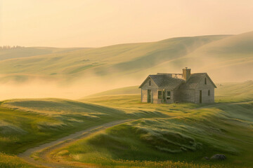 In the soft glow of dawn, a solitary house sits nestled amidst the tranquil countryside. Surrounded by rolling hills and verdant fields, it exudes an aura of serenity and seclusion. 