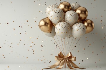 This 3D realistic illustration shows luxury gold foil balloons in a white background with confetti and festive ribbon. This design element will work well for anniversary, birthday, sales, and