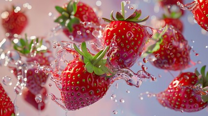 Fresh strawberries splashing into water with vibrant red hues and dynamic droplets frozen in motion
