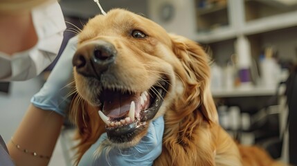 A veterinarian performing a dental check-up on a golden retriever dog, close up of teeth