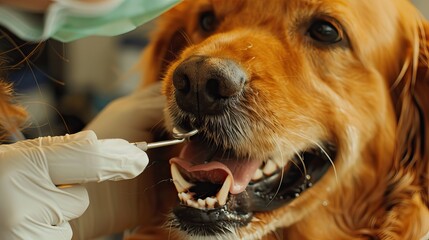 A veterinarian performing a dental check-up on a golden retriever dog, close up of teeth