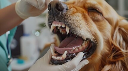 A veterinarian performing a dental check-up on a golden retriever dog, close up of teeth