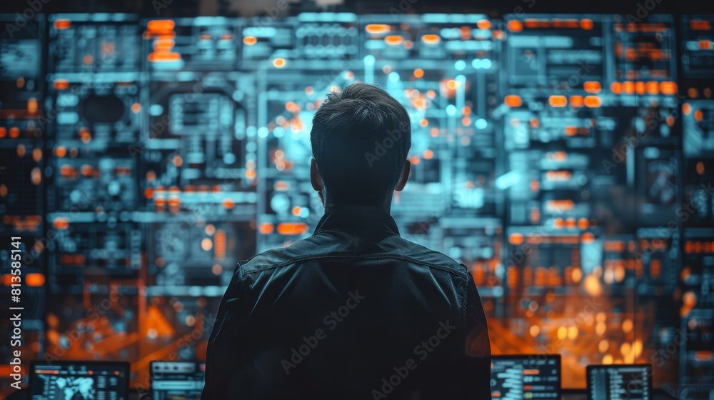 Poster A cyber security featuring a guard in an IT environment. Generative AI.