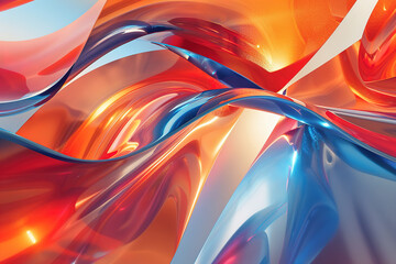 Abstract 3D background of twisting metallic waves in vibrant red and blue