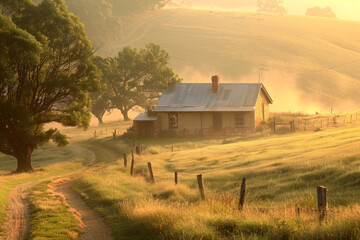 In the soft glow of dawn, a solitary house sits nestled amidst the tranquil countryside. Surrounded by rolling hills and verdant fields, it exudes an aura of serenity and seclusion. 