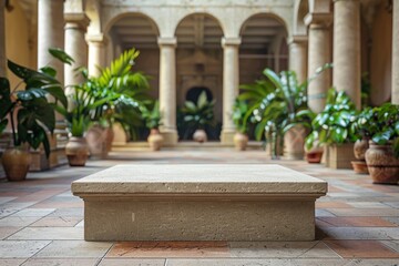 Classic Limestone Podium, front view focus, with a Historic Museum Background, ideal for antiquities and collectibles displays
