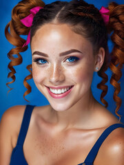 Beautiful lady, (freckles), big smile, blue ​​eyes, hair in ponytails, dark makeup, super detailed photography.