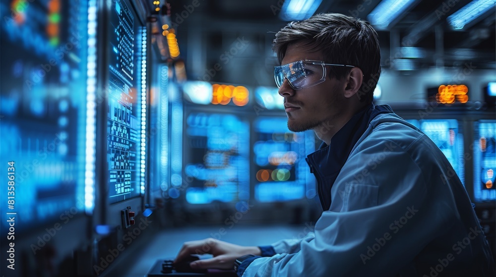 Aufkleber monitoring center, male factory worker working with electronic screen, data detection, future scene 
