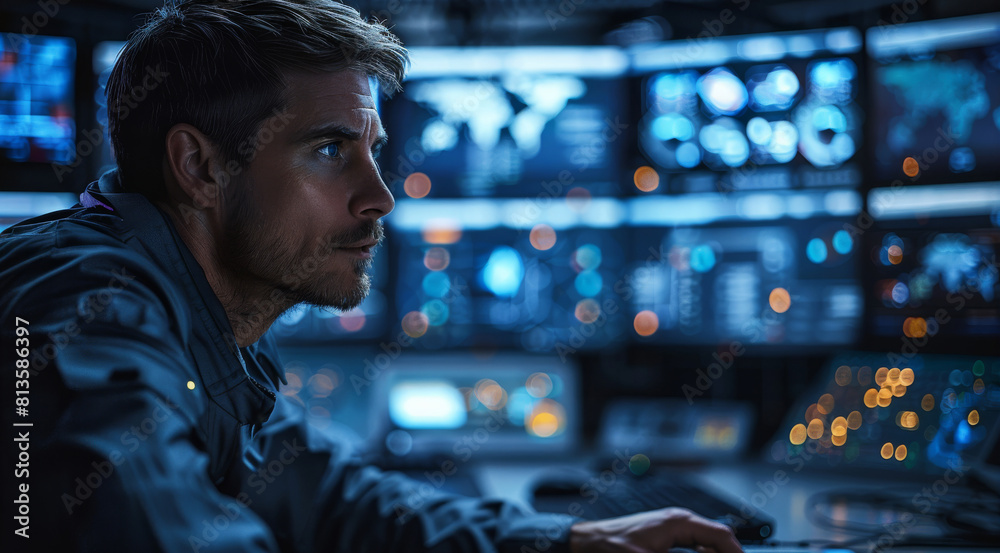 Aufkleber monitoring center, male factory worker working with electronic screen, data detection, future scene 