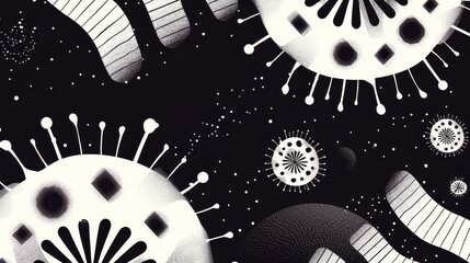 Detailed viral mutation flat design top view genetic variation theme cartoon drawing black and white