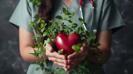 Healthcare professional holding a red heart-shaped object surrounded by lush green plants. Holistic health, wellness, natural medicine and healthcare concept.