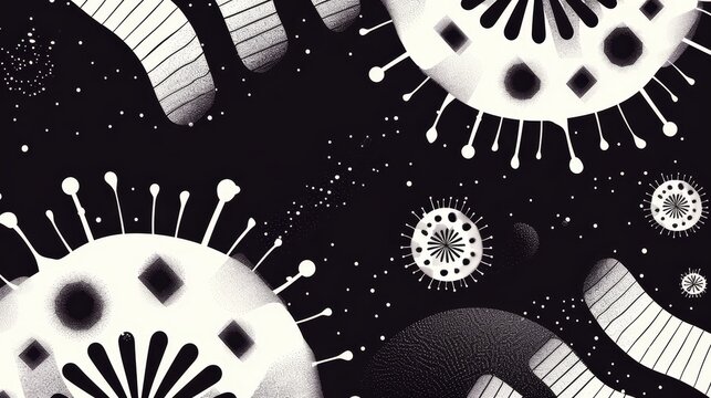 Detailed viral mutation flat design top view genetic variation theme cartoon drawing black and white