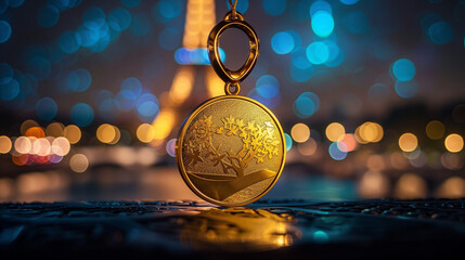 Golden triumph: winning a medal in Paris. Gold medal hanging against the background of a beautifully lit Eiffel Tower and the Paris skyline at dusk. Sport, achievement and motivation concept.