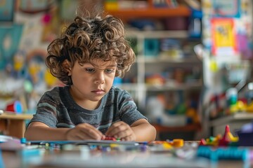 Editorial photography of a student working on a classroom project, capturing the focus and creativity of young learners, ideal for an educational methods magazine