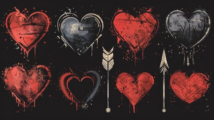 Set of spray paint valentine elements modern. Abstract heart shape ornament, arrow, banner. Ideal for print, cartoon, card, decoration, sticker.