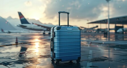 A blue suitcase is sitting on the ground next to an airplane - Powered by Adobe