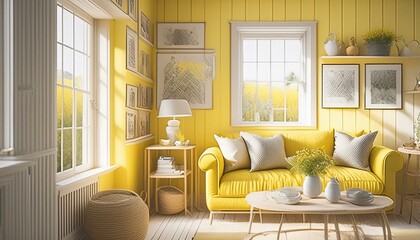 Cozy yellow country-style living room, created with generative AI