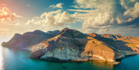 Rock in the sea Aerial view. Natural Park of Cabo de Gata Nijar. Almeria, Andalucia, Spain