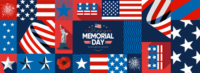 Happy Memorial Day. Vector modern flat illustration of USA flag, stars, American pattern, firework, Statue of Liberty, poppy, logo and icons for poster, invitation, flyer, background or greeting card