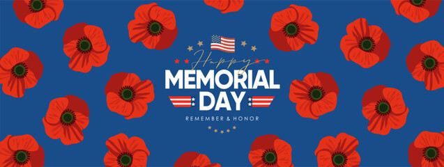 Happy Memorial Day. Vector modern flat illustration of poppy pattern, USA holiday symbol, logo, American flag for banner, invitation, flyer, background or greeting card