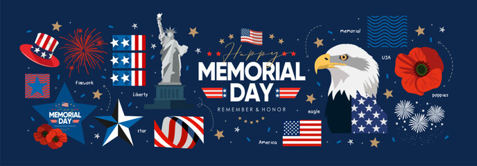 Happy Memorial Day. Vector modern flat illustration of USA objects, eagle, star, ribbon, Statue of Liberty, logo, flower poppy and icons for banner, invitation, flyer, background or greeting card