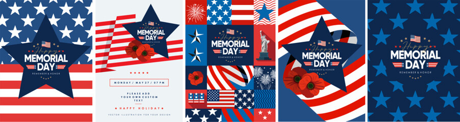 Happy Memorial Day. Vector modern flat illustration of USA flag, stars, American pattern, firework, Statue of Liberty, poppy, logo and icons for poster, invitation, flyer, background or greeting card © Ardea-studio