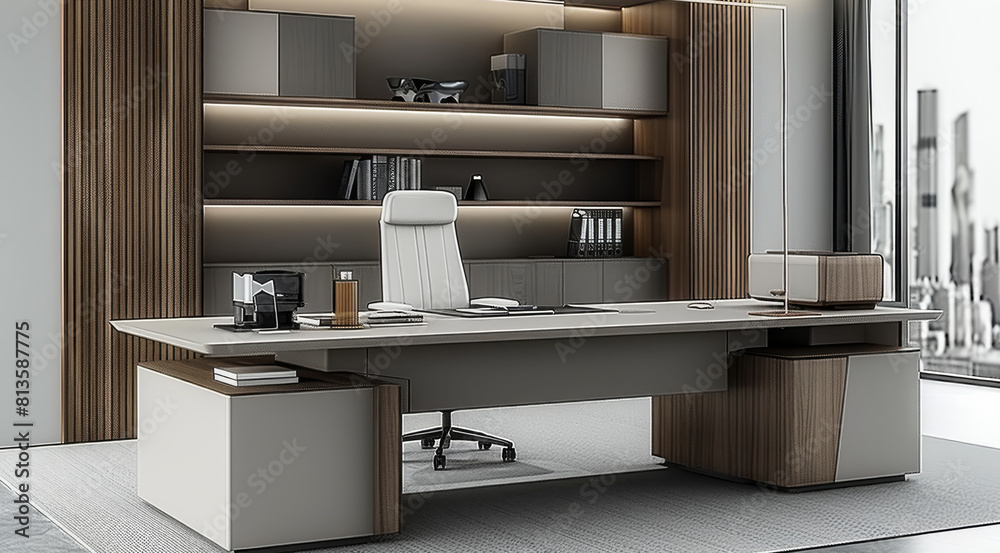 Poster Modern simple desk design, with a light gray and white color combination of matte wood grain surface. The L-shaped desktop with equipped with office chairs. Generative AI.
