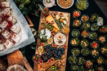 Top closeup of fruit desserts on wooden board on the table