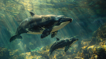 Fototapeta premium An adult whale and a newborn calf underwater. Generated by artificial intelligence