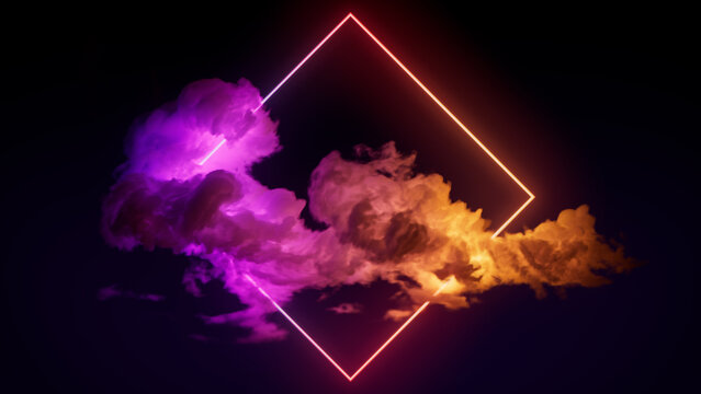 Pink and Yellow Neon Light with Cloud Formation. Diamond shaped Fluorescent Frame in Dark Environment.
