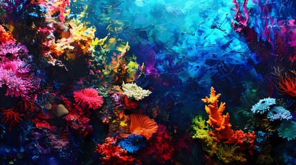 abstract coral reef with colorful flowers and fish in blue water