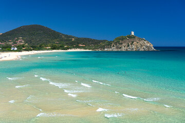 Fototapeta premium Sa Colonia bay, with crystal clear water and white sand, Chia, Domus de Maria, Sardinia