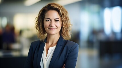 Fototapeta premium Female Executive Portrait in Blurred Office Background, Executive, portrait, blurred office