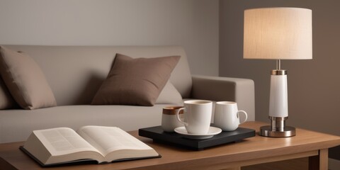 Modern workspace with lamp, book and coffee
