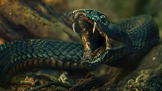 ferocious black venomous snake has a terrifying mouth