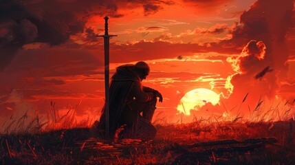 Fallen warrior in sunset red sky after war