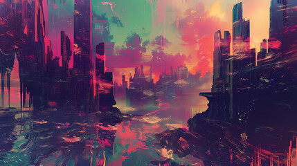 abstract cybernetic dreamscape featuring a cityscape with a towering skyscraper, a bustling street, and a serene river flowing through the center