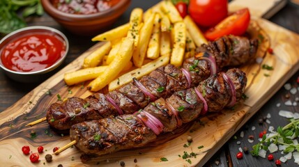 Kebab - grilled meat with french fries and vegetables on wooden background