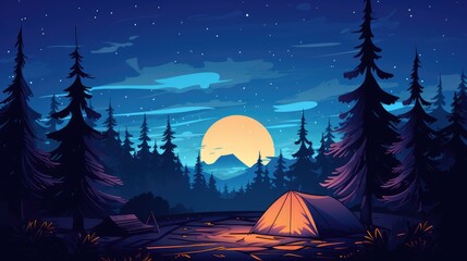 Camping under the stars cartoon illustration - Generative AI. Lake, night, pines, stars, tent.