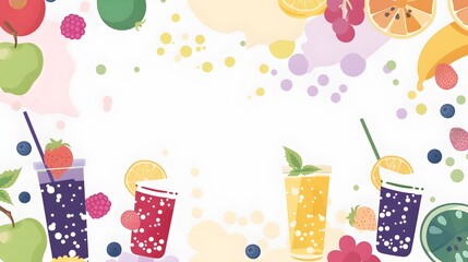 Fruit juice cocktails vector background with white copy space, celebration party happy vibes, fruits and bobbles backdrop 