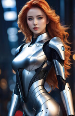 A girl wearing a cyber suit, with long red hair, poses for a photo in a dark room with lights.