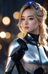 A girl wearing a cyber suit, with long blonde hair, poses for a photo in a dark room with lights.