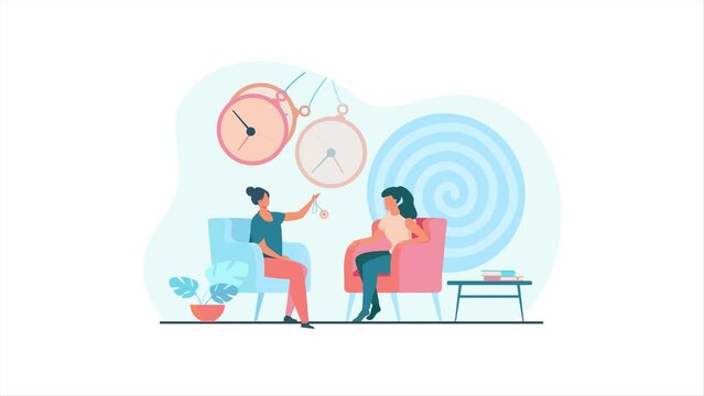 A girl in a hypnosis session with a regressologist. Specialist puts her into trance with the help of a clock with hands. Flat art animation