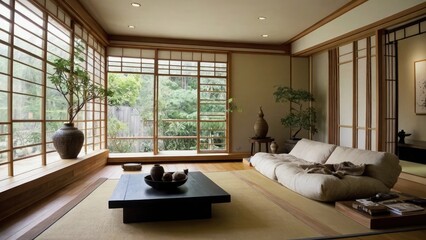 Japanese zen interior design of modern living room, home