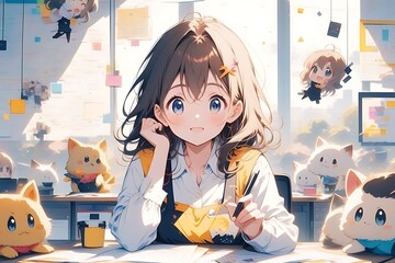 An anime businesswoman brainstorming creative ideas with her team in a collaborative workspace