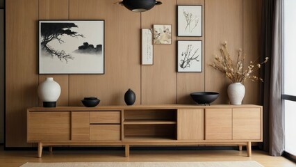 Japanese, minimalist interior design of modern living room, home. Wooden sideboard against wall with wall decor