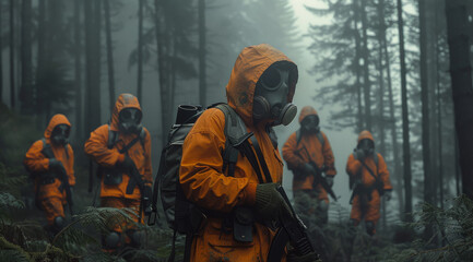 A group of soldiers in the forest wearing orange camouflage hoods and gas masks, red , carrying weapons. Generative AI.