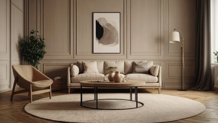 Round coffee table on beige rug near cozy sofa in room with classic paneling and poster. Scandinavian home interior design of modern living room