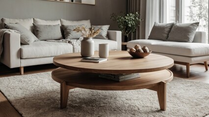 Round wood coffee table against white sofa. Scandinavian home interior design of modern living room