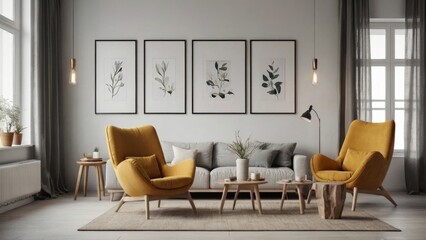 Two armchairs in room with white wall and big frame poster on it. Scandinavian style interior design of modern living room